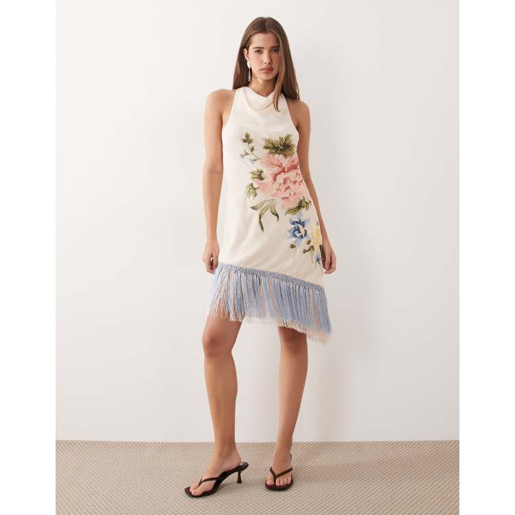 ASOS DESIGN embroidered mini dress with fringe hem in pale pink | ASOS