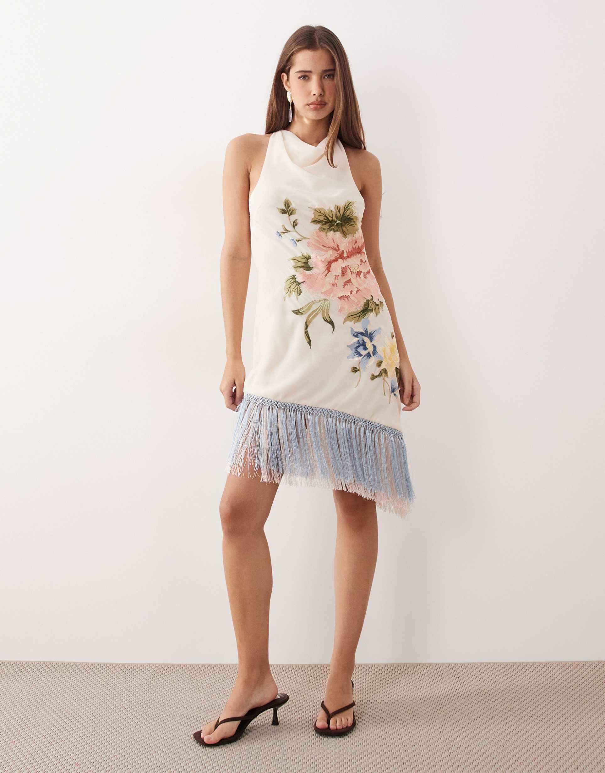 asos design embroidered mini dress with fringe hem in pale pink