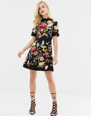 ASOS DESIGN embroidered mini dress with high neck and open back-Black