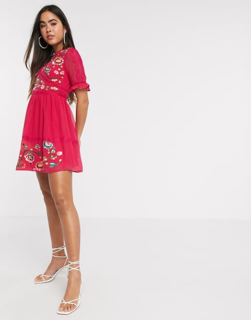 Asos design embroidered mini shop dress with lace trims