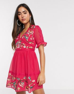 asos pink embroidered dress