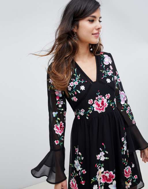 Asos design embroidered mini dress with lace on sale trims