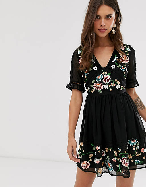 ASOS DESIGN embroidered mini dress with lace trims | ASOS