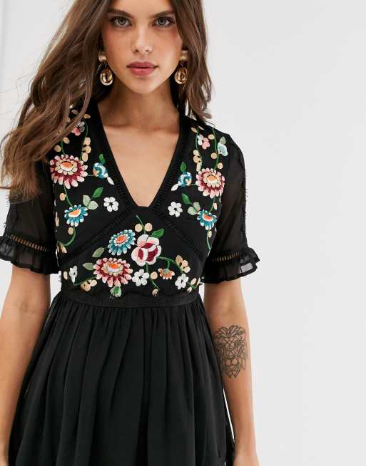 ASOS DESIGN embroidered mini dress with lace trims