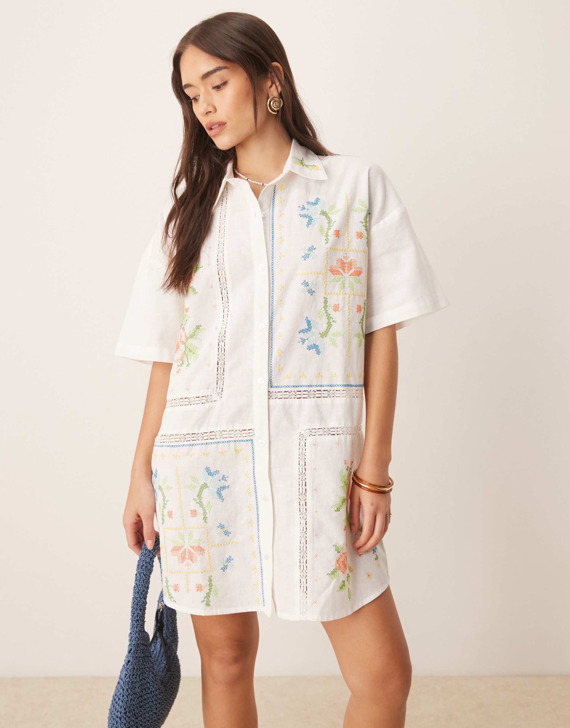 asos design embroidered mini shirt dress in cream