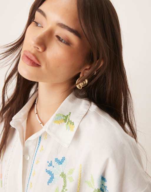 ASOS DESIGN embroidered mini shirt dress in cream