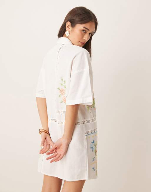 ASOS DESIGN embroidered mini shirt dress in cream