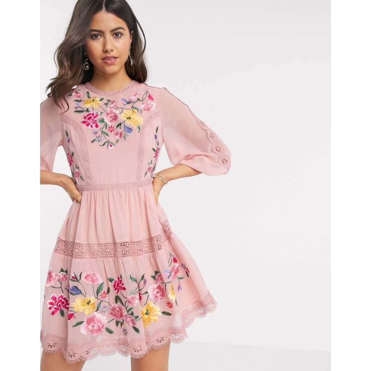 ASOS DESIGN embroidered mini skater dress with lace trims and puff sleeves in soft pink