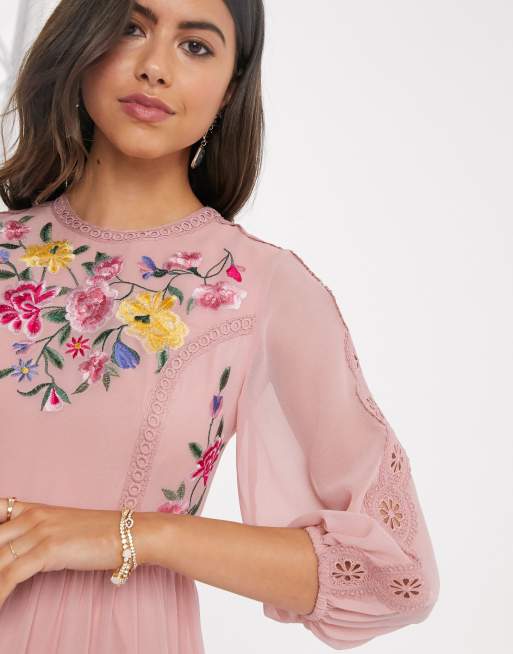 Asos pink 2025 embroidered dress