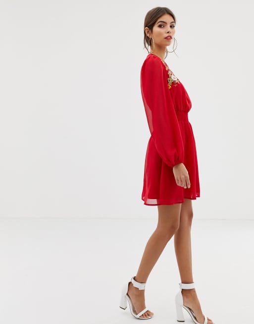 Asos design mini skater shop dress in pretty embroidery