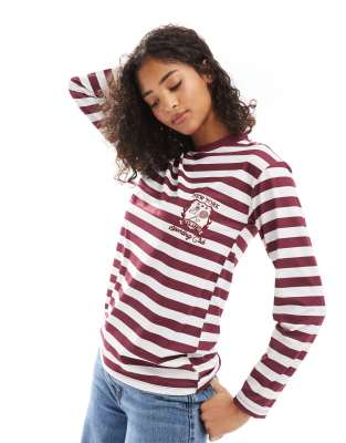 embroidered New York sporting club long sleeve tee in burgundy stripe