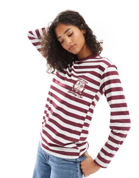 ASOS DESIGN embroidered New York sporting club long sleeve tee in burgundy stripe - view 1