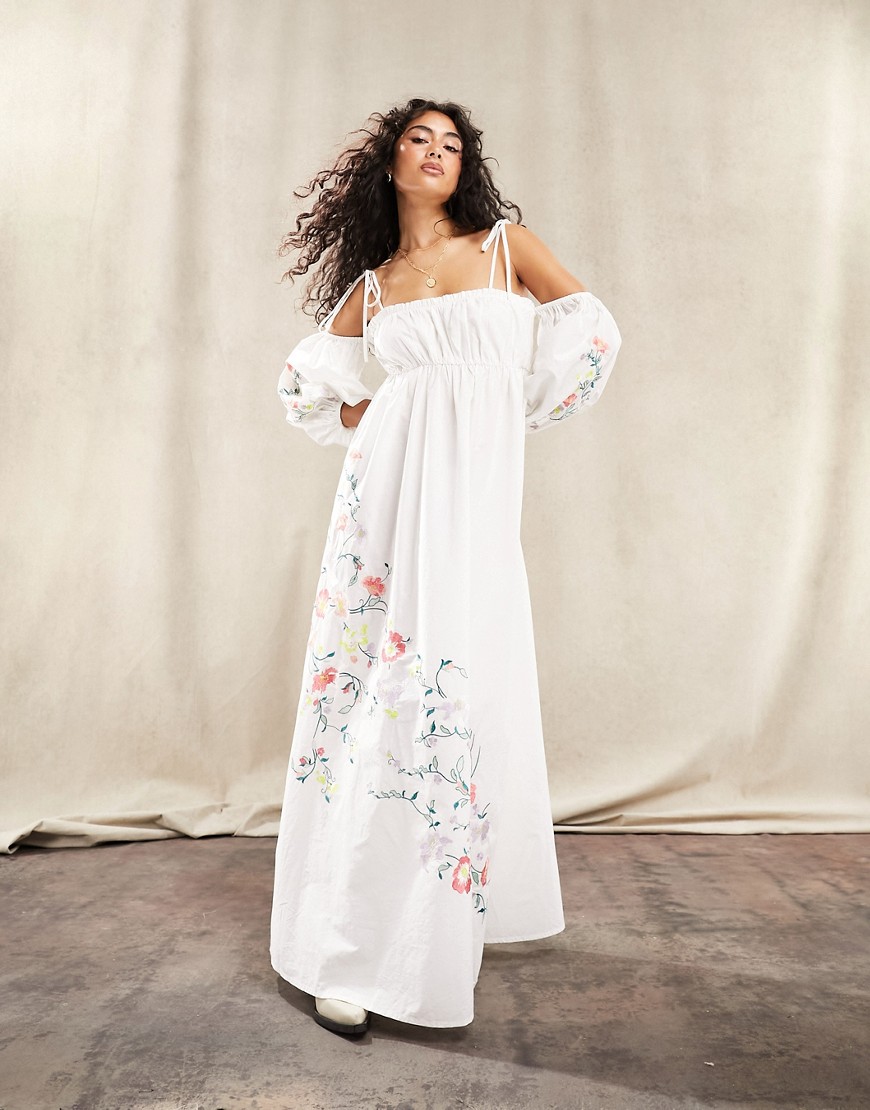 ASOS DESIGN embroidered off shoulder cotton maxi dress with ruched bust detail in white