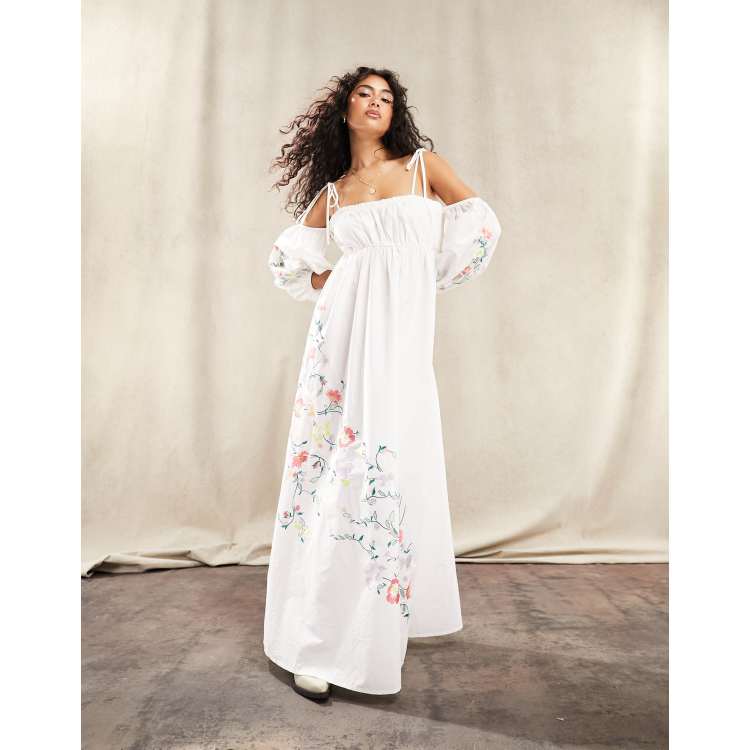 ASOS DESIGN embroidered off shoulder cotton maxi dress with ruched bust detail in white