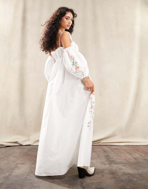 White Cotton Embroidered Maternity Sundress