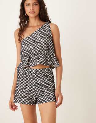 ASOS DESIGN embroidered one shoulder peplum top and shorts set in black - view 1