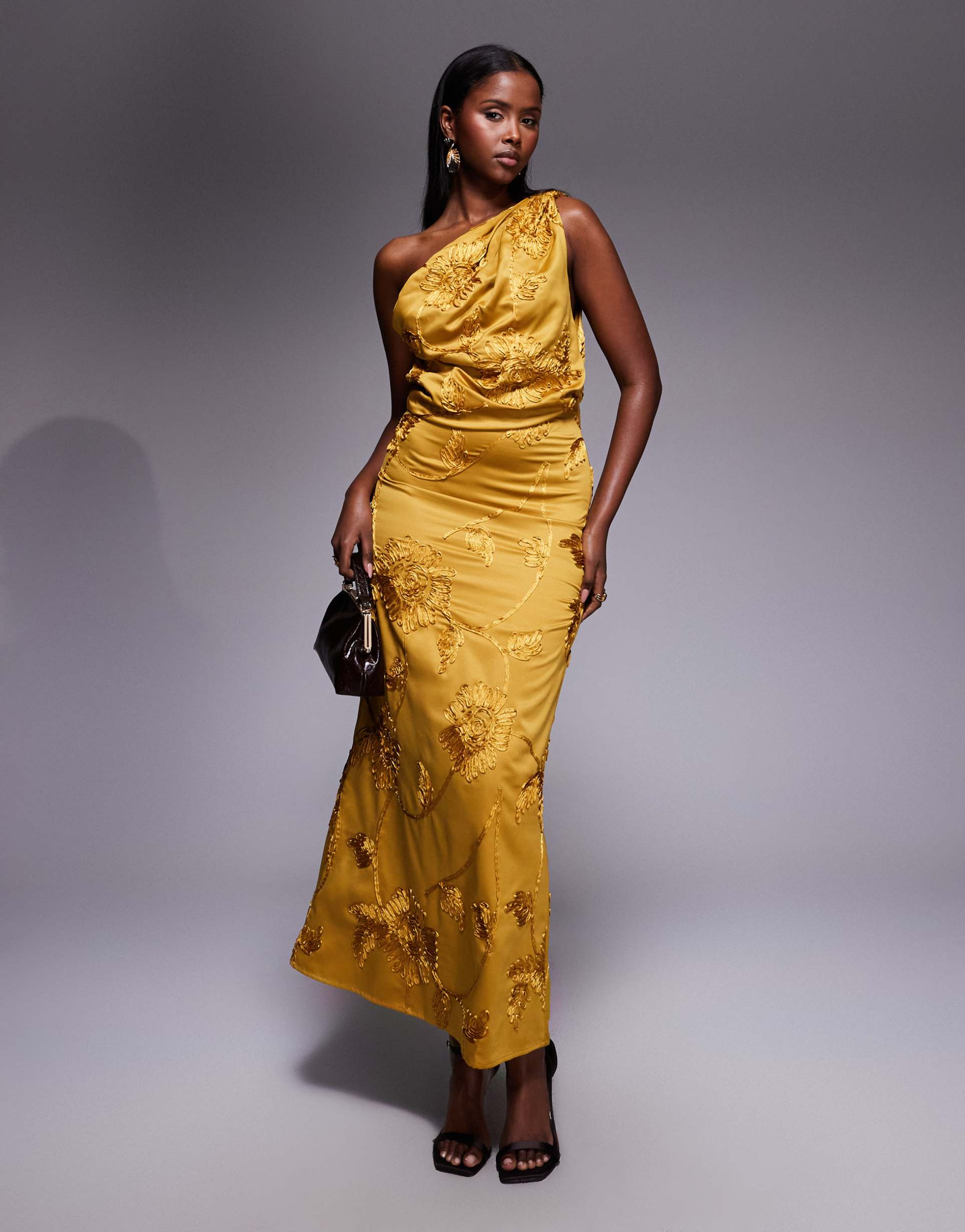 asos design embroidered one shoulder tucked draped midaxi dress in ocher