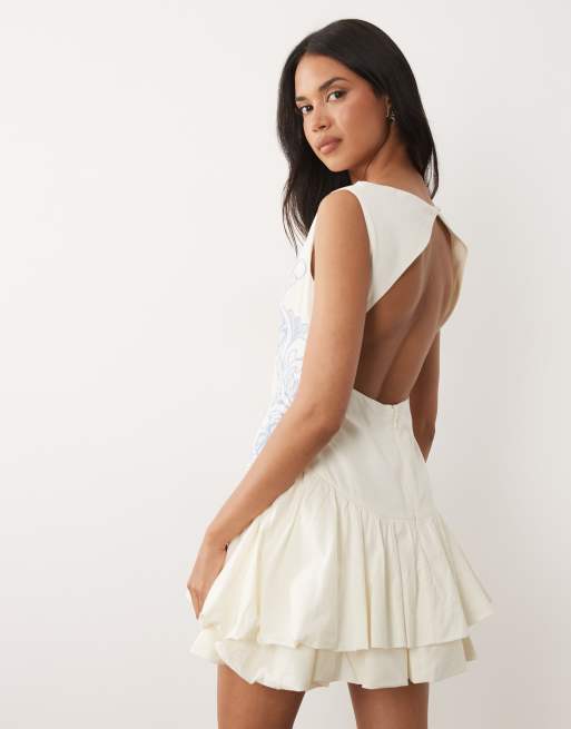 ASOS DESIGN embroidered open back puff ball mini dress in cream and blue, 2 of 4