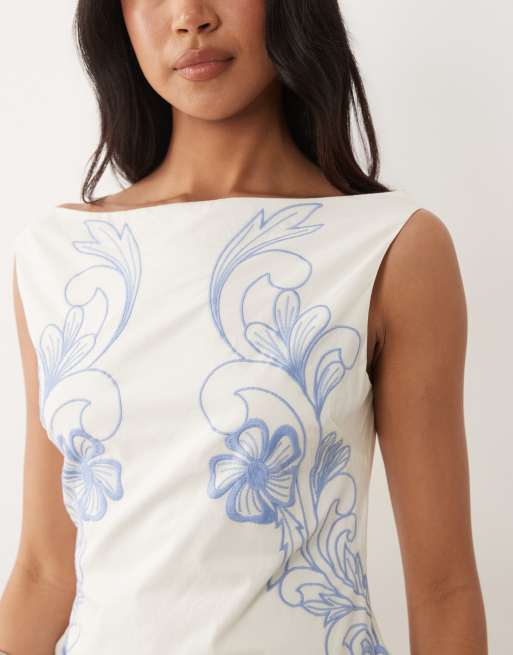 ASOS DESIGN embroidered open back puff ball mini dress in cream and blue, 3 of 4