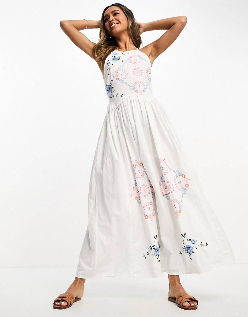 ASOS DESIGN embroidered pinny midi dress with open back and cutwork detail in white