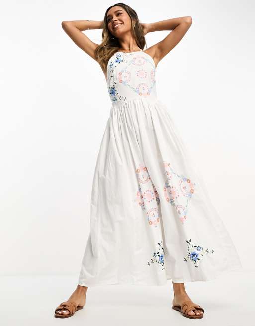 ASOS DESIGN embroidered pinny midi dress with open back and cutwork detail  in white