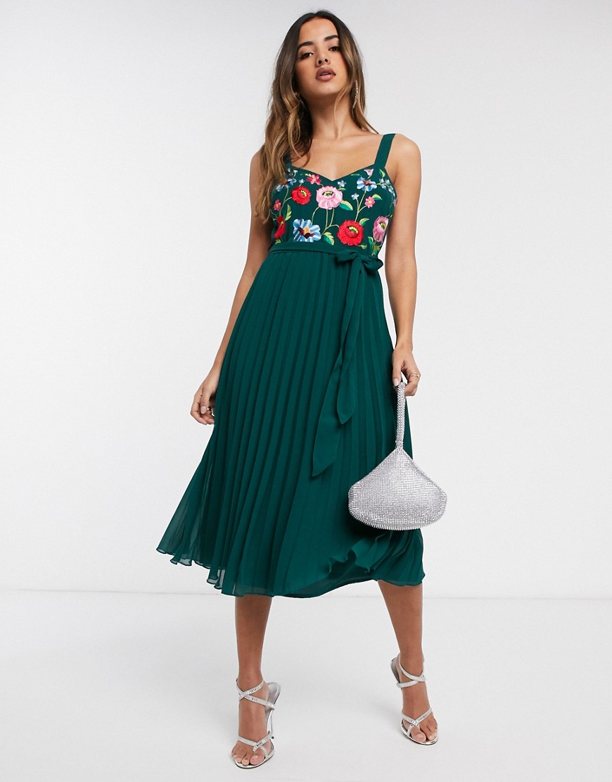 ASOS DESIGN embroidered pleated cami midi dress-Green
