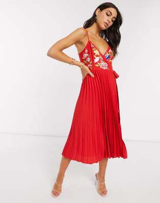 red embroidered midi dress