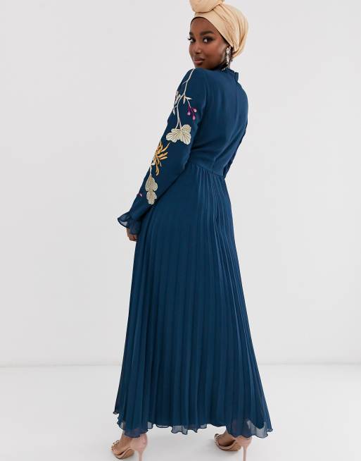 ASOS DESIGN embroidered pleated maxi dress with fluted sleeve in navy