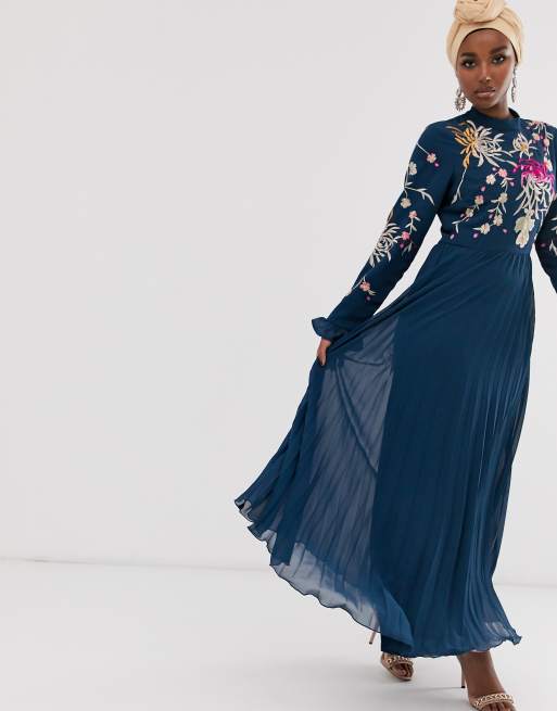 ASOS DESIGN embroidered pleated maxi dress with fluted sleeve in navy