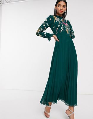 ASOS DESIGN embroidered pleated maxi dress with fluted sleeve-Green