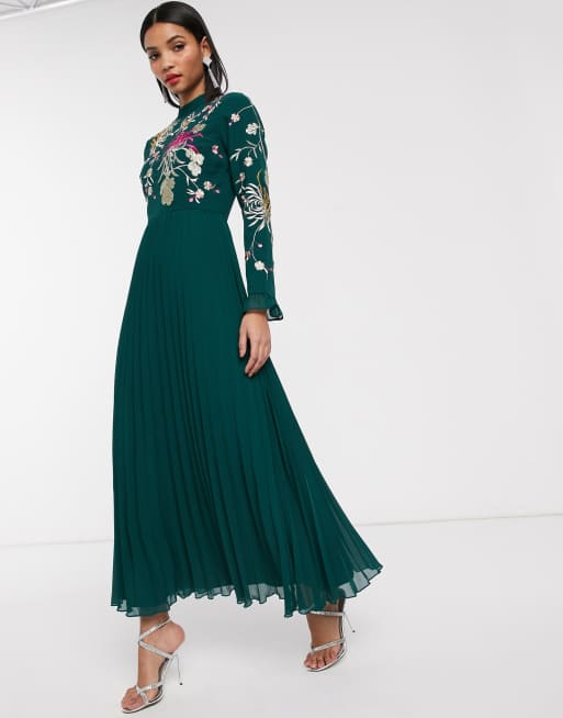 Asos design embroidered pleated midi dress with fluted outlet sleeve