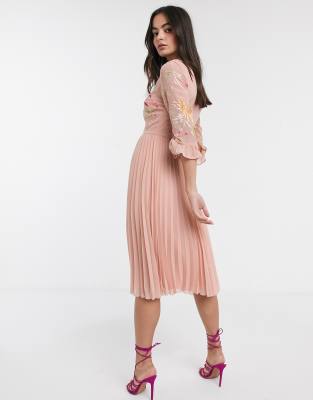 asos design pleated midi dress with fluted long sleeve in floral print