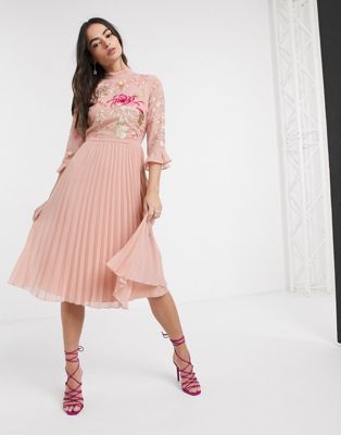 asos design embroidered pleated midi dress with fluted sleeve