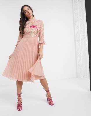 asos design pleated midi dress with fluted sleeve in floral print