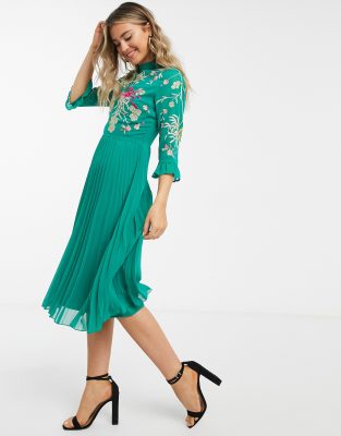 asos design embroidered pleated midi dress with fluted sleeve