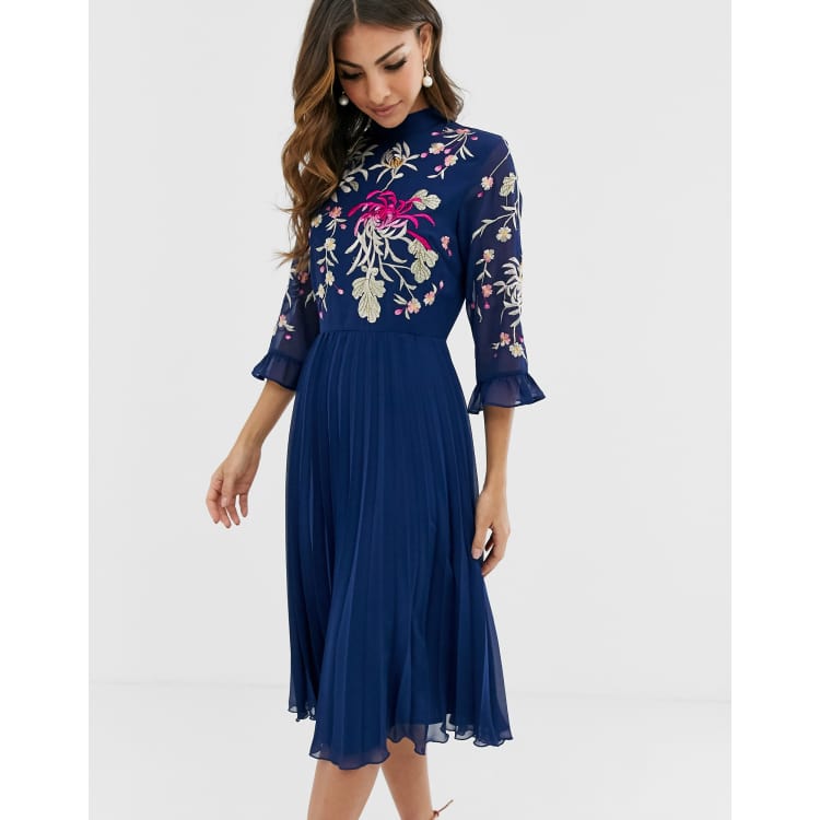 Asos design pleated midi dress with hotsell fluted long sleeve in floral print