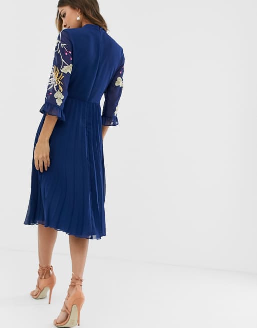 ASOS DESIGN embroidered pleated midi dress with fluted sleeve in navy