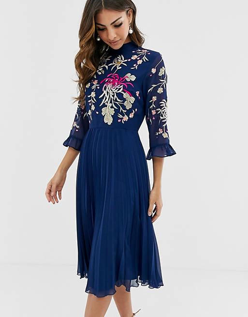 ASOS DESIGN embroidered pleated midi dress with fluted sleeve in navy