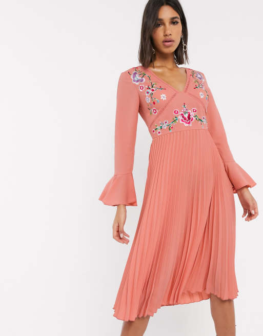 Asos design pleated embroidered hotsell midi dress