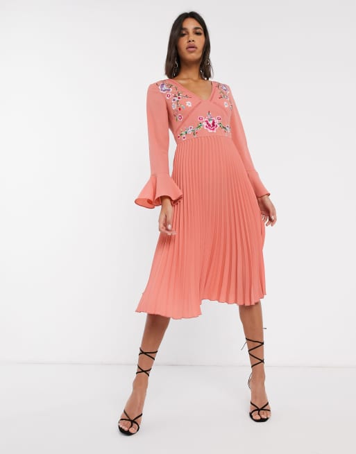 Asos pink pleated midi cheap dress