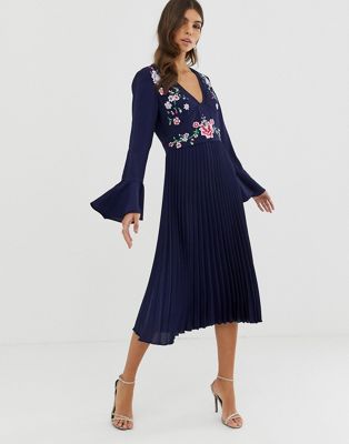 ASOS DESIGN embroidered pleated midi dress with lace inserts-Navy