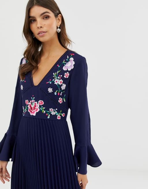 Asos pleated embroidered store dress