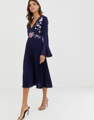 asos design lace and pleat midi dress