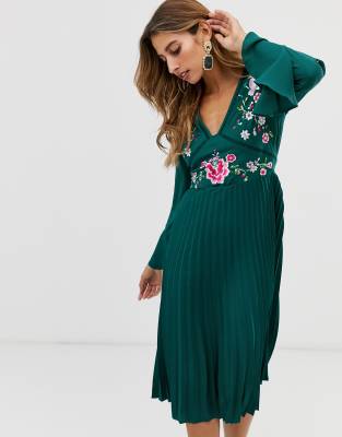 asos green embroidered dress