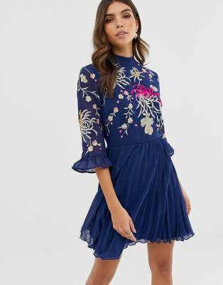 asos design pleated midi dress with fluted sleeve in floral print