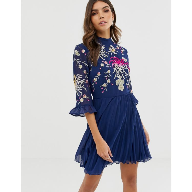 Asos design embroidered pleated shop midi dress with fluted sleeve