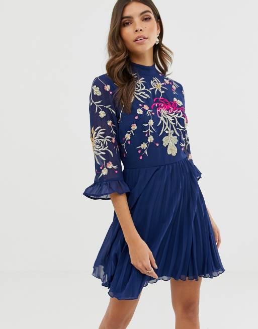 Asos design pleated midi dress with cheap fluted long sleeve in floral print