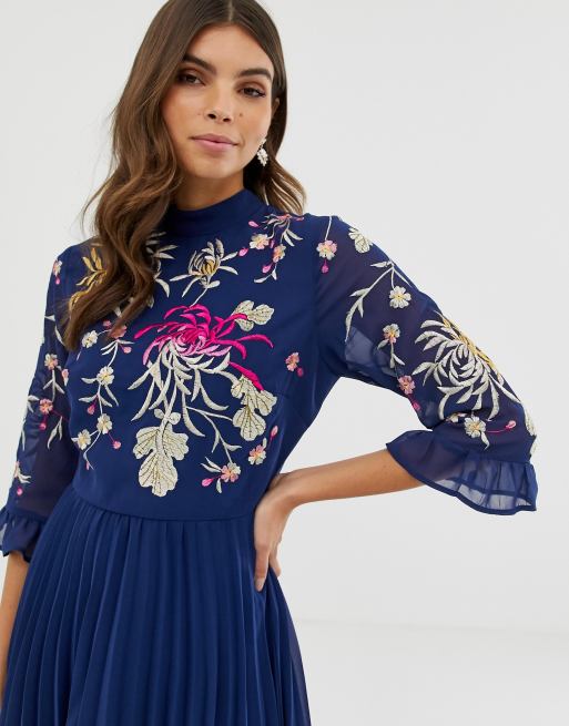 ASOS DESIGN high neck pleated long sleeve skater midi dress with embroidery  in navy