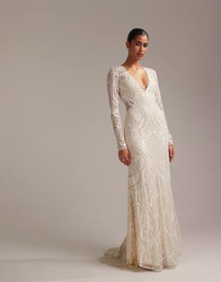 ASOS DESIGN embroidered plunge long sleeve maxi wedding dress in ivory