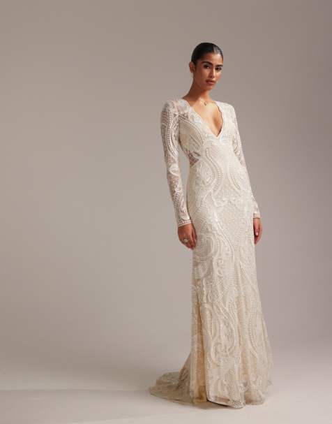 ASOS DESIGN embroidered plunge long sleeve maxi wedding dress in ivory - view 1
